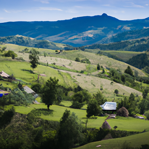 תמונה של הכפר הרומני עם גבעות וחוות מתגלגלות