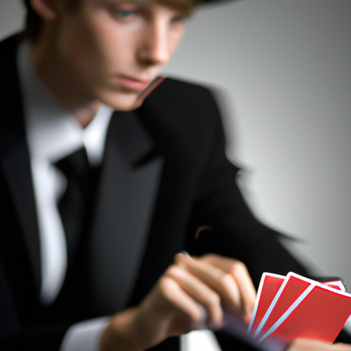 קוסם צעיר מתרגל להטוטי קלפים, ממוקד ונחוש