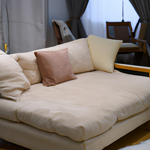 תמונה של ספה מסוגננת הנפתחת למיטה המונחת בסלון קטן.